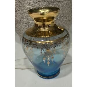 Vintage Vecchia Murano Bud Vase Light Blue Gold Gilt 5x3” Italy Italian